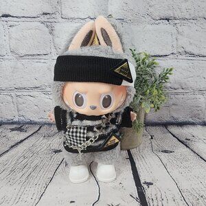 Labubu Clothing Set-Black and White  Hoodie and Headband Set with Silver chain